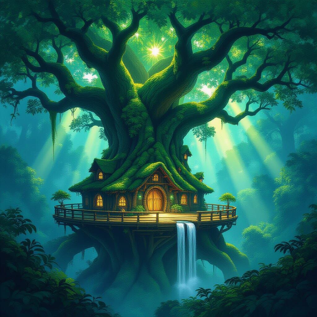 Ancient Treehouse Sanctuary in Bioluminescent Forest