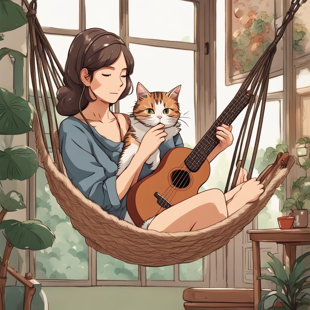Woman and Cat Play Ukulele, Studio Ghibli Style