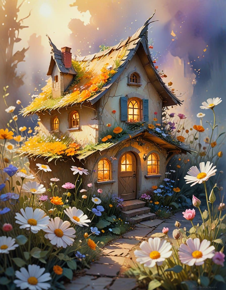 Whimsical Watercolor Pixie House Among Flowers