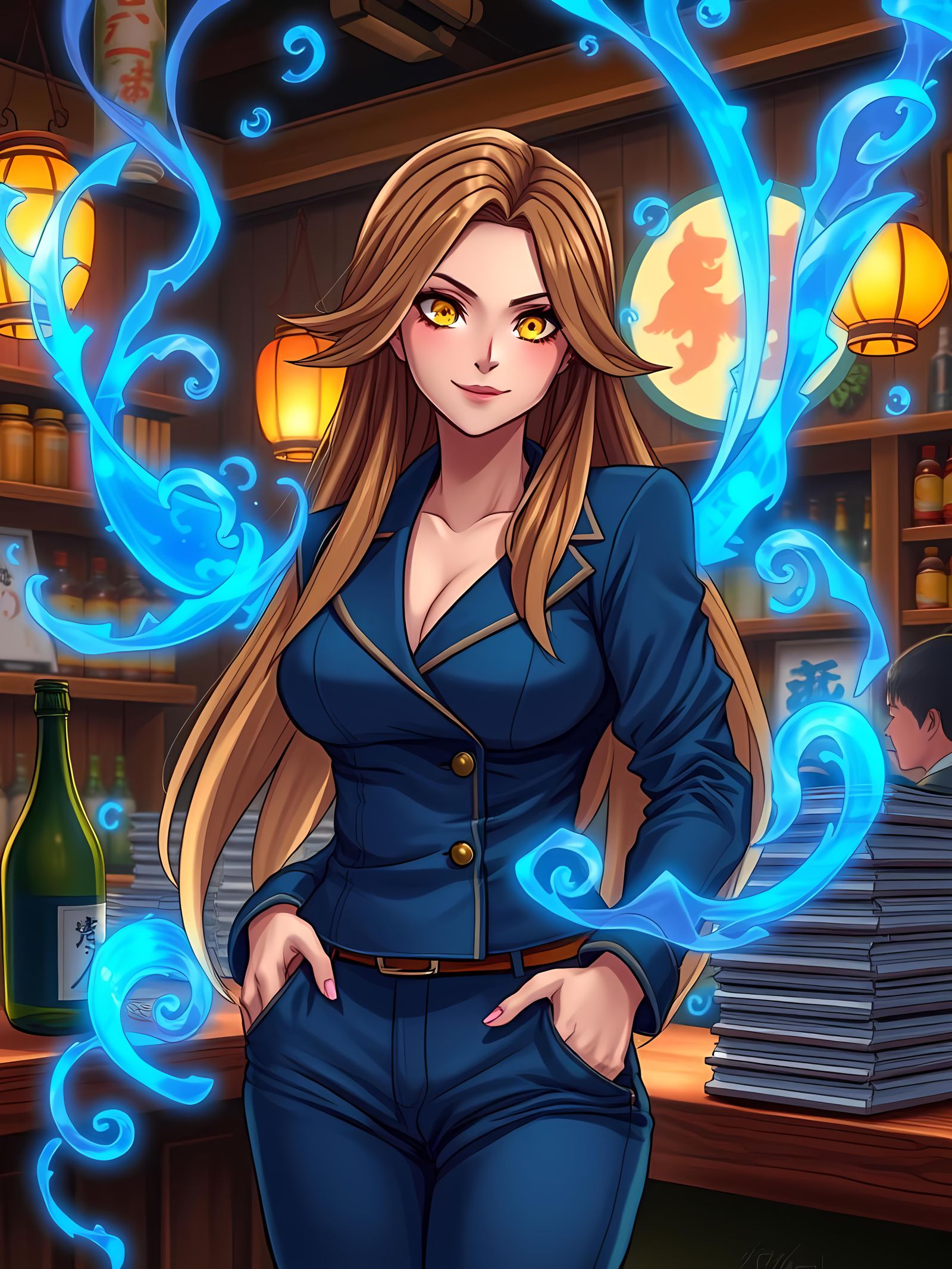 Jovial Mage in a Bar with Sake and Manga