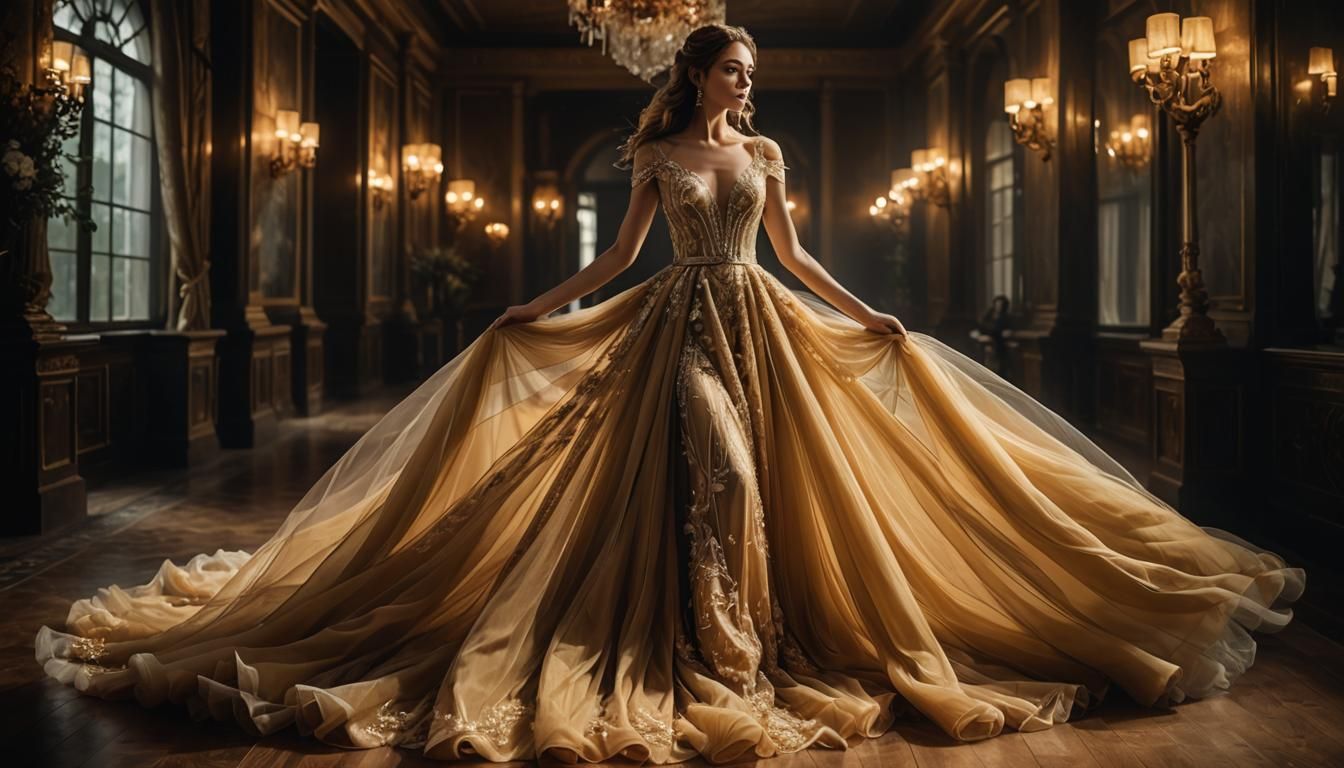 Woman in Golden Tulle Gown, Photorealistic 8K