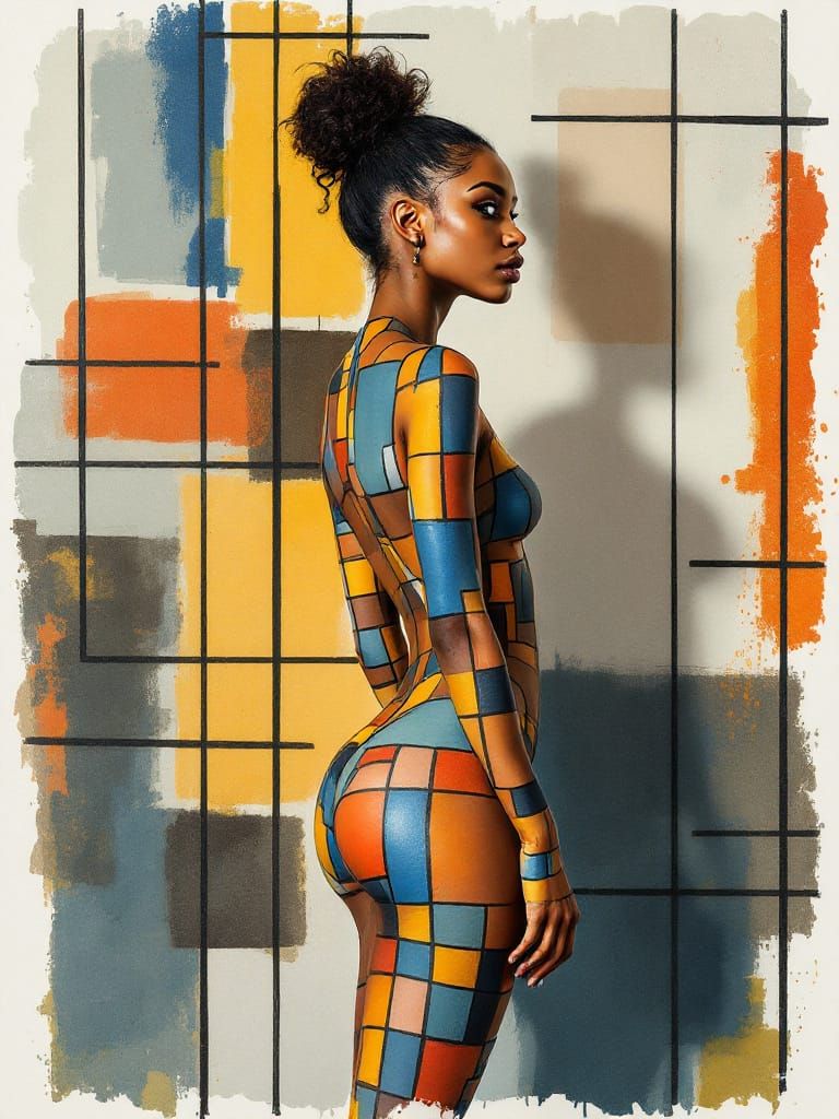 Woman Merges with Geometric Wall Art in Watercolor Style