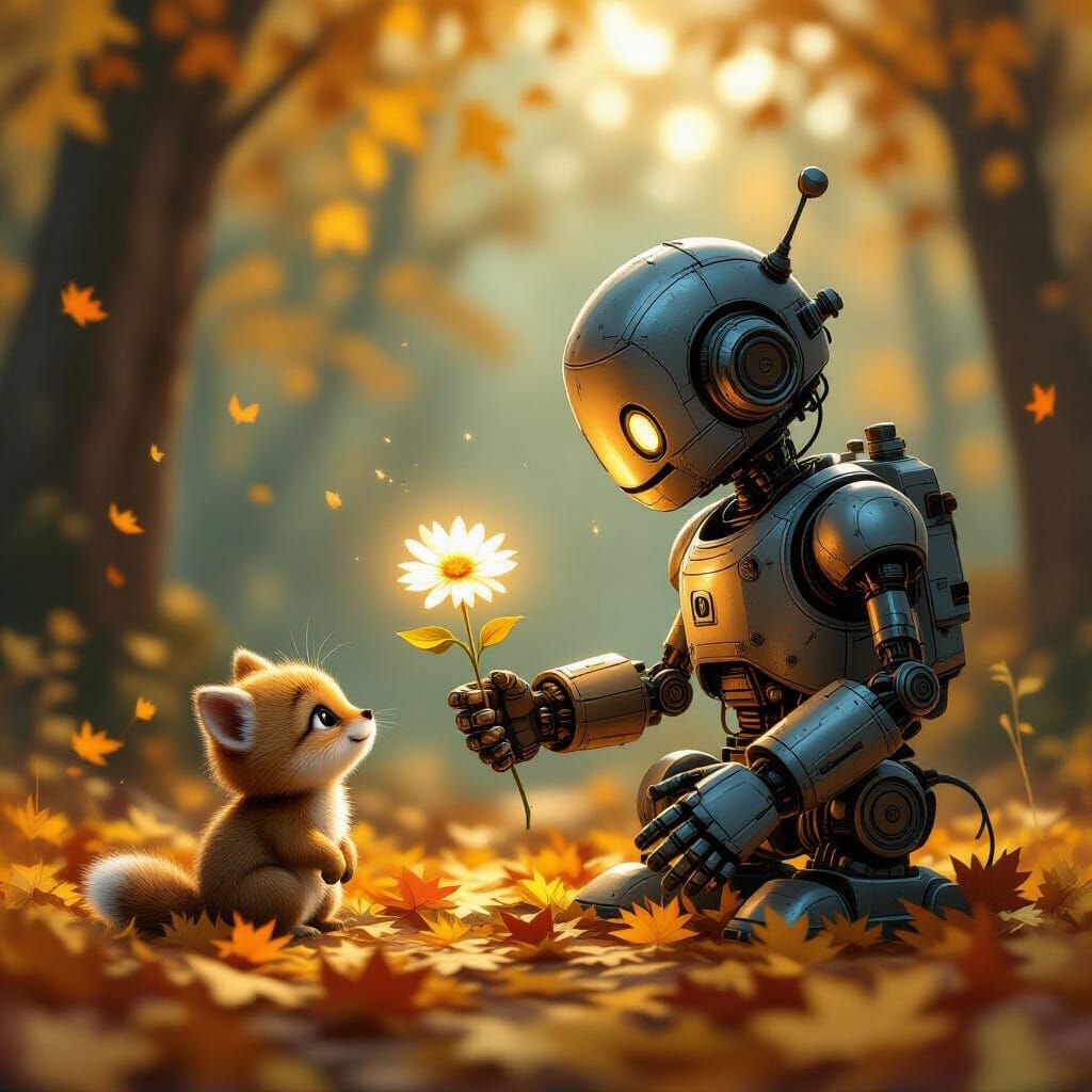 Steampunk Robot Offers Glowing Flower to Woodland Creature