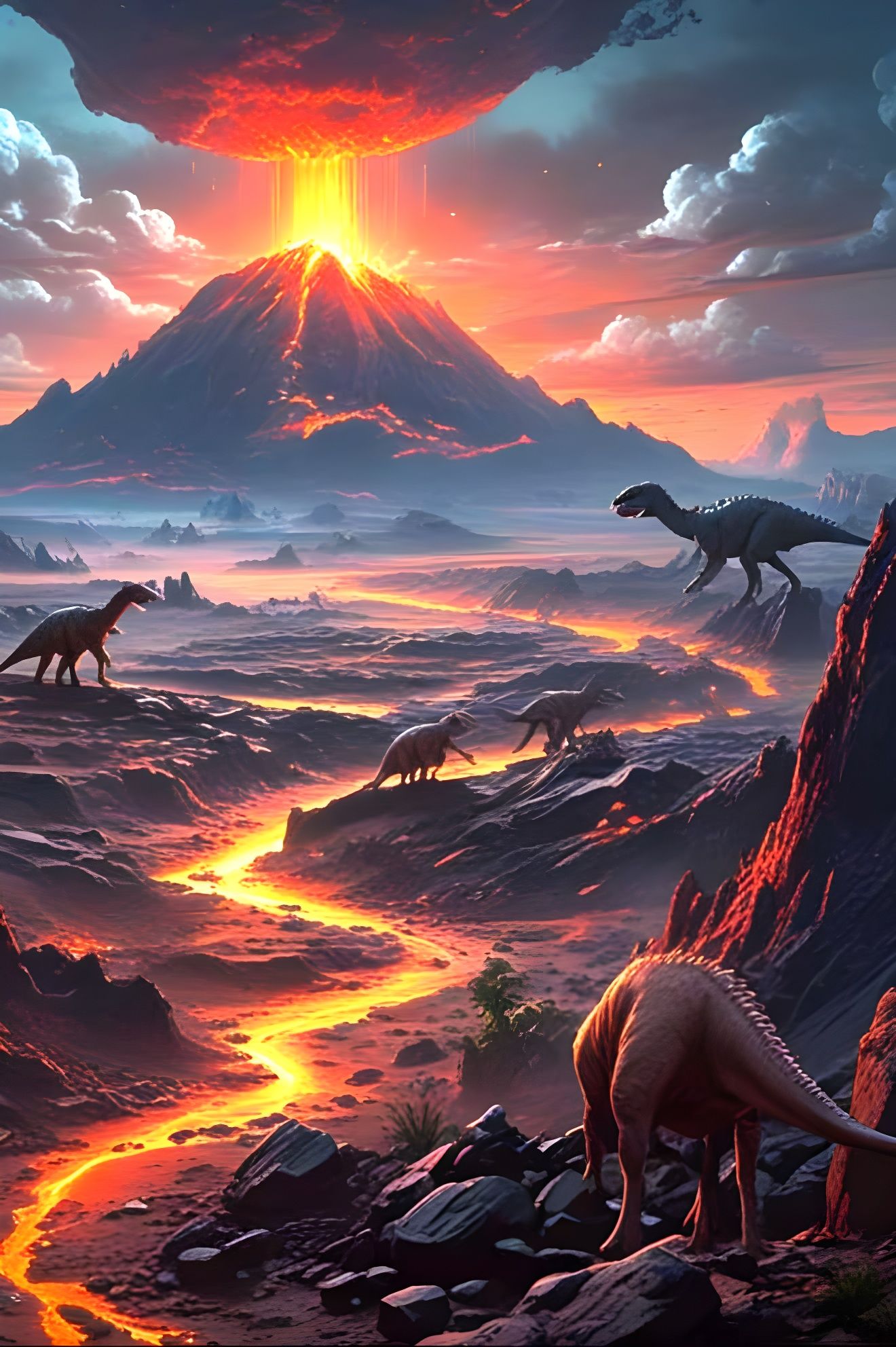 Dinosaurs Witness Volcano Apocalypse Under Multicolored Moon...