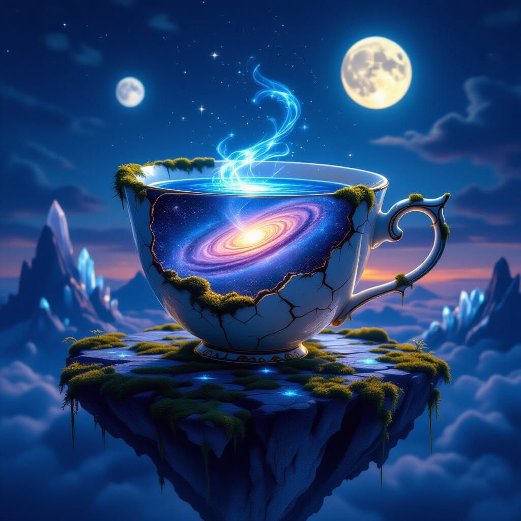 Cosmic Teacup on Floating Island in Twilight