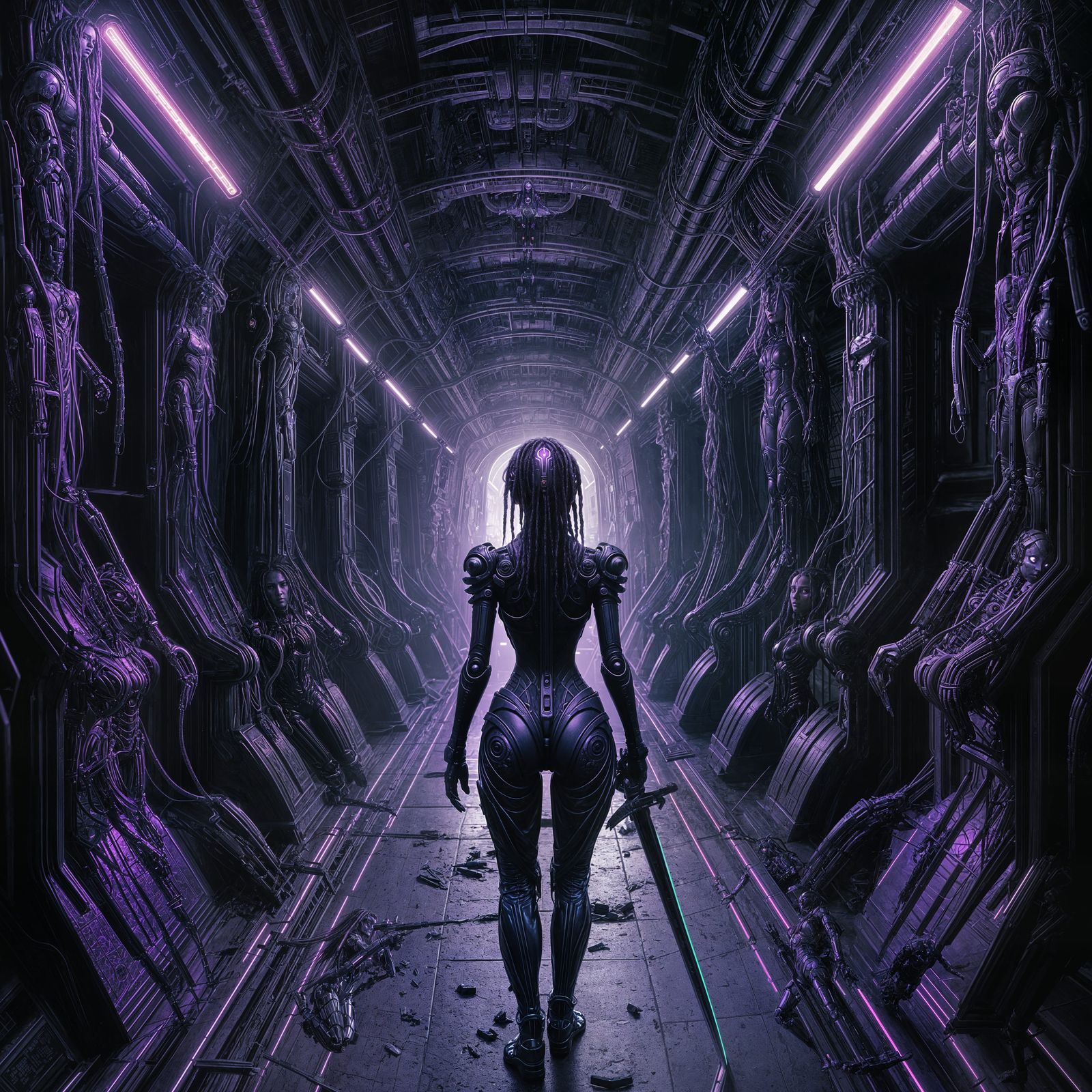 Cybernetic Robot Explorer in Giger Style Spaceship Corridor