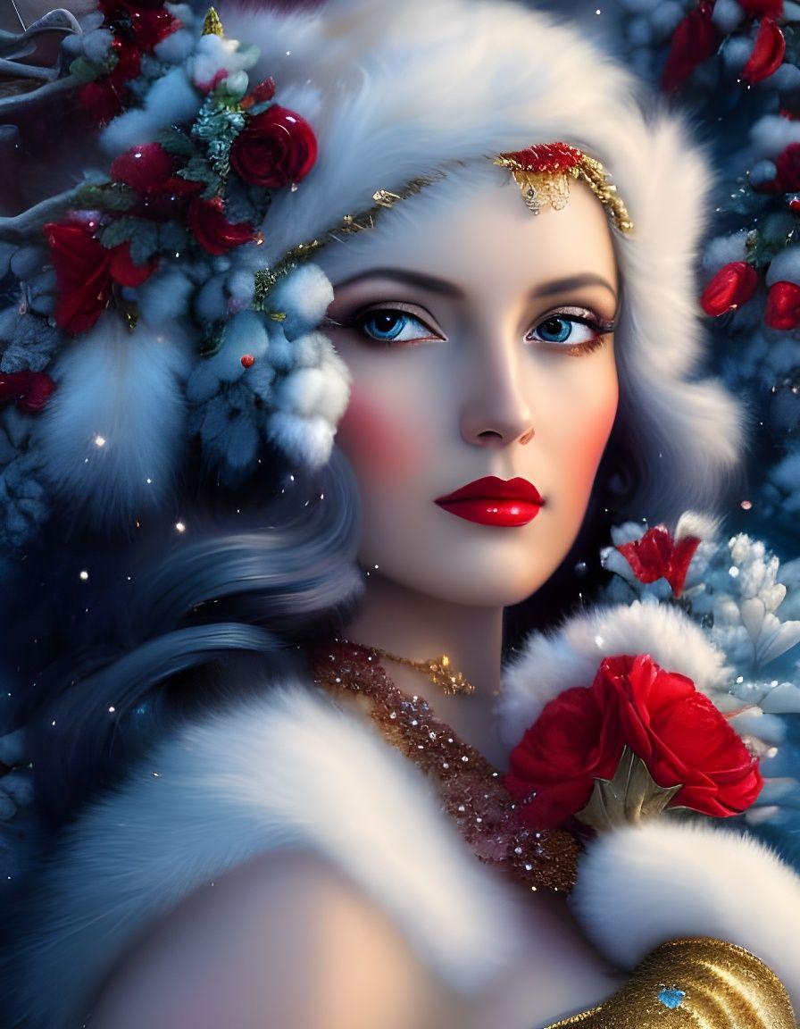 Winter Goddess with Red Flowers, Glittering Concept Art