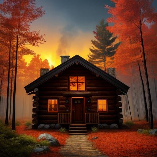 Rustic Cabin in Autumn Forest at Sunset