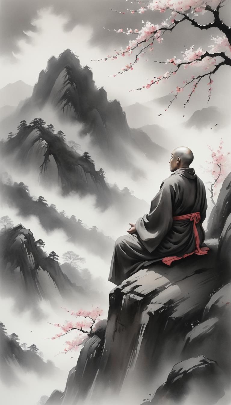 Monk Meditates in Misty Mountains: Sumi-e Painting