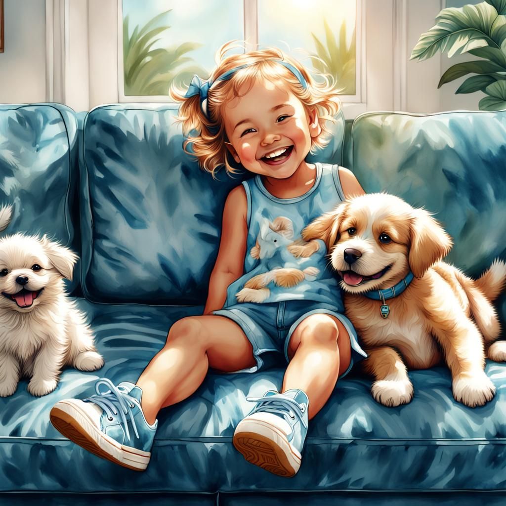 Happy Toddler Cuddling Puppy: Watercolor Art