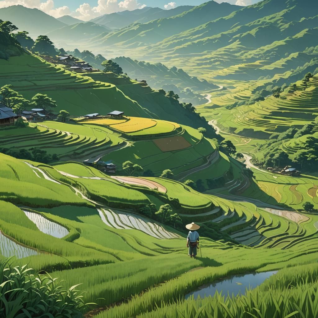 Terraced Rice Fields: A Japanese Landscape Painting