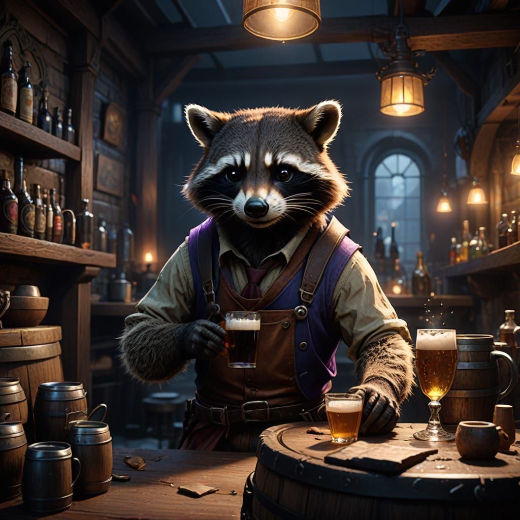 Mystical Raccoon Pub Scene in Dark Fantasy Style