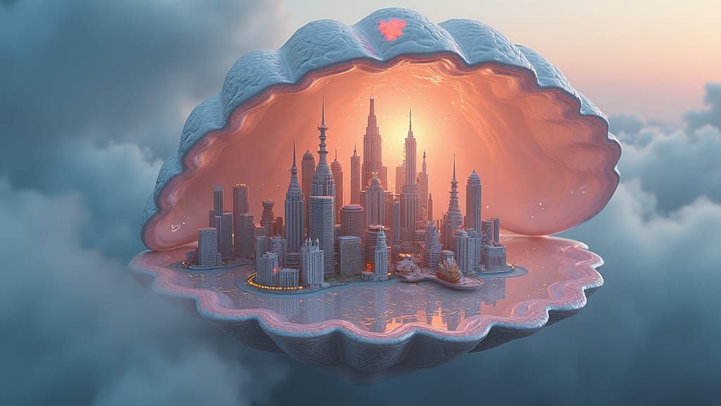 Dreamlike City Inside Iridescent Clamshell