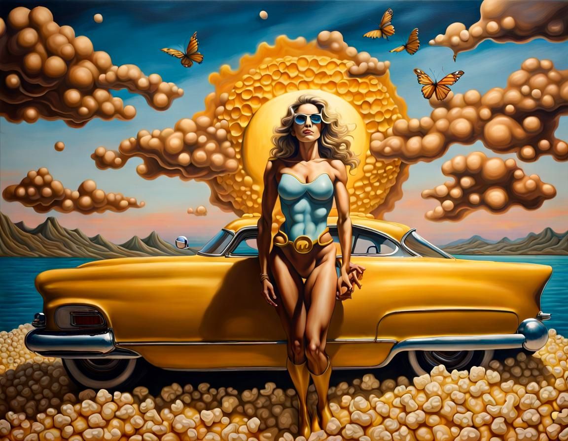 Surreal Honey Superhero on a Textured Landscape