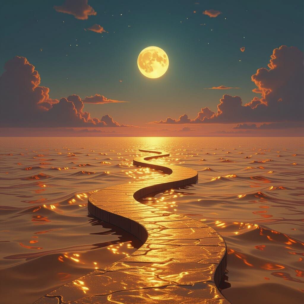 Golden Sea Pathway to the Moon: Dreamy Ethereal Art