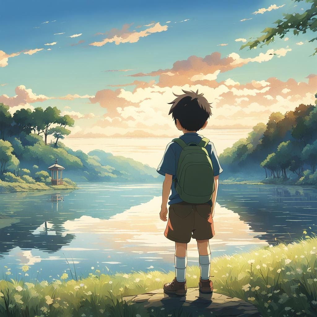 Boy Gazing at Lake in Studio Ghibli Style