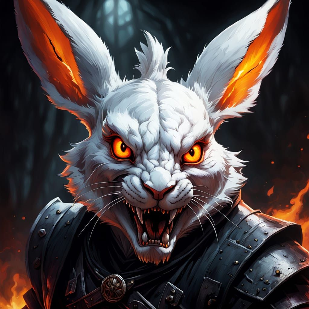Sinister White Rabbit Concept Art with Fiery Gaze