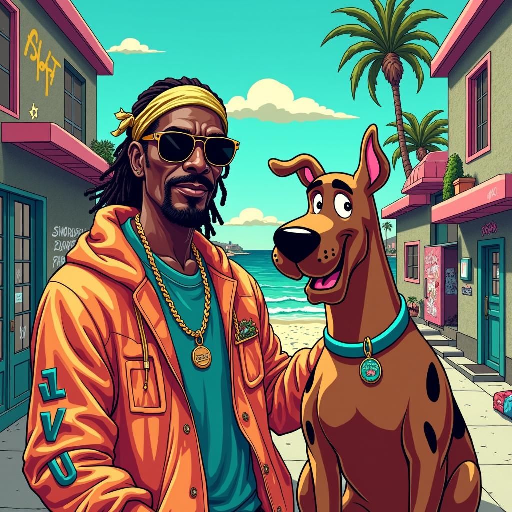 Snoop Dogg and Scooby Doo in Psychedelic Cityscape