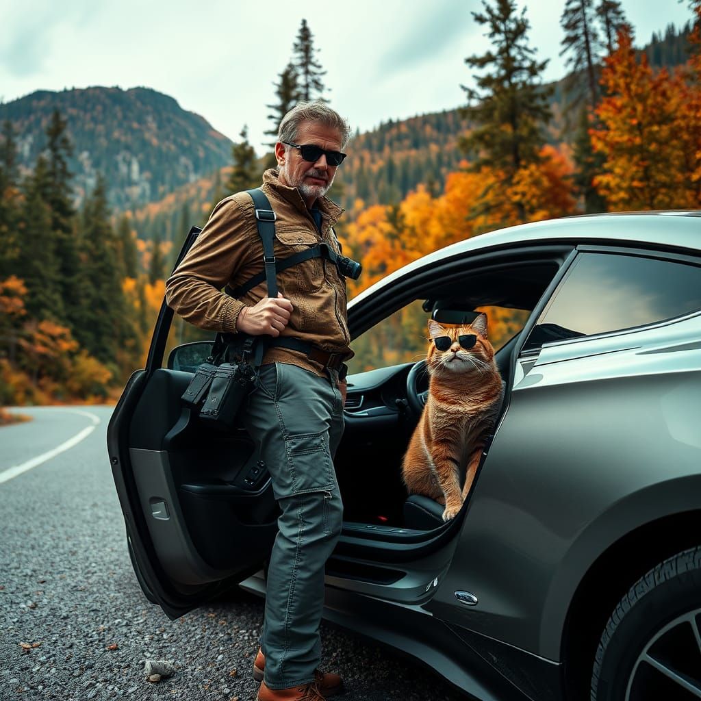 Mischievous Cat Steals Car in Hyperrealistic Forest Scene