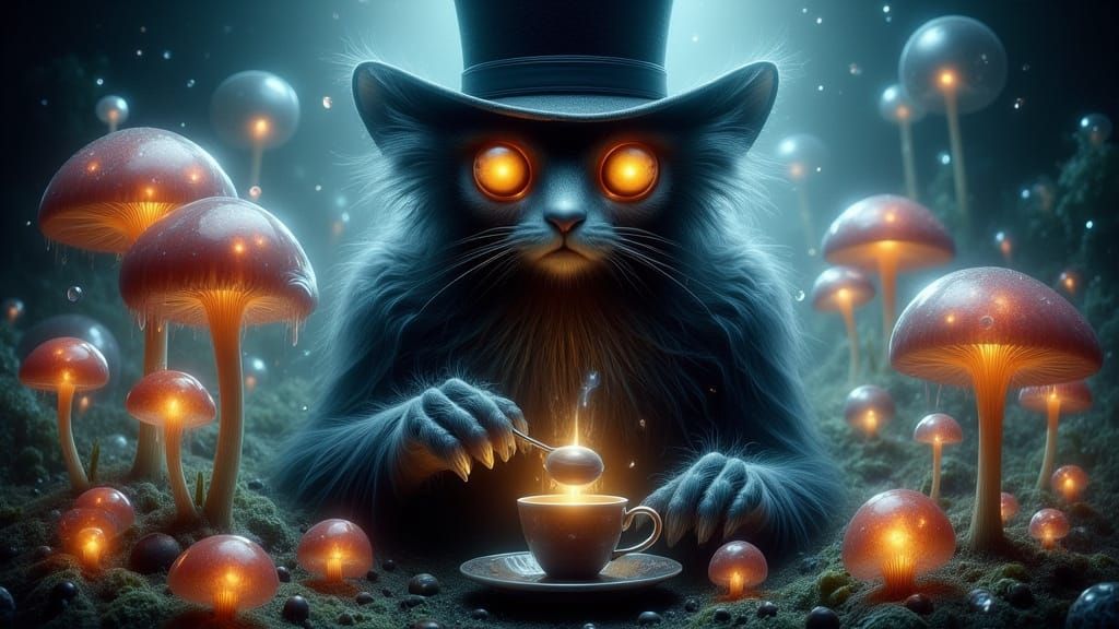 Bioluminescent Caterpillar Sipping Tea in Glowing Mushroom G...