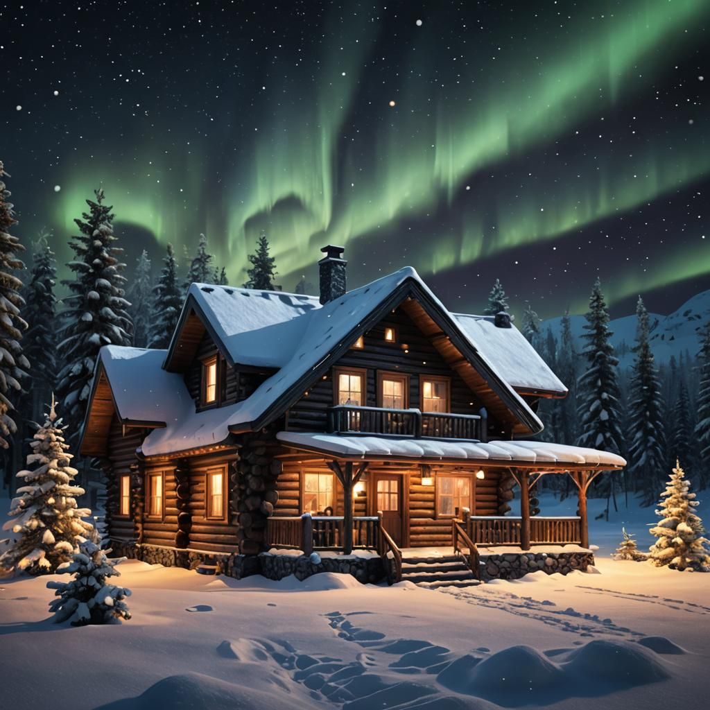 Cozy Winter Cabin Under Northern Lights
