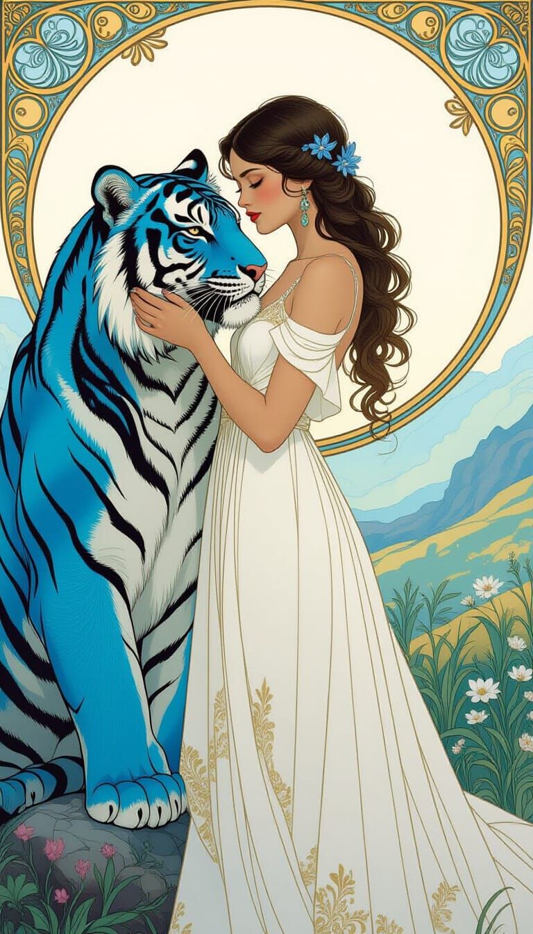 Woman and Blue Tiger in Art Nouveau Style