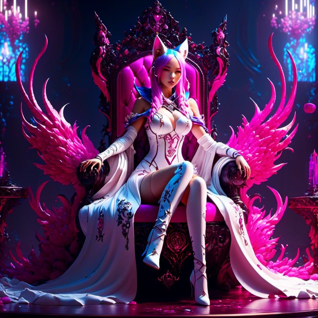 Female Kitsune Princess on a throne. White, magenta, pink, blue. 8K resolution <lora:Glowing Runes:1.0> Unreal Engine 5