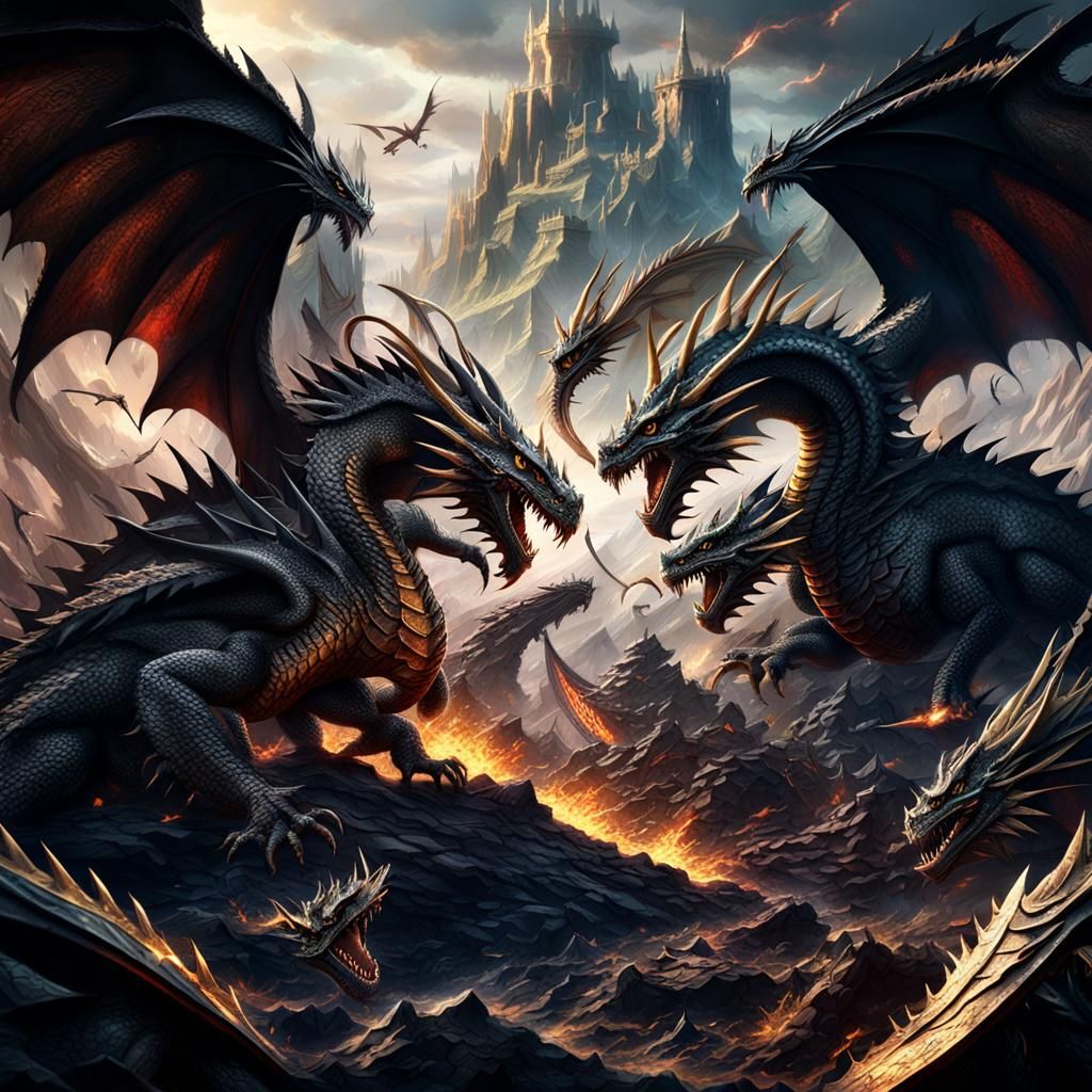 Epic Dragons Clash in Sword Fight: Digital Painting