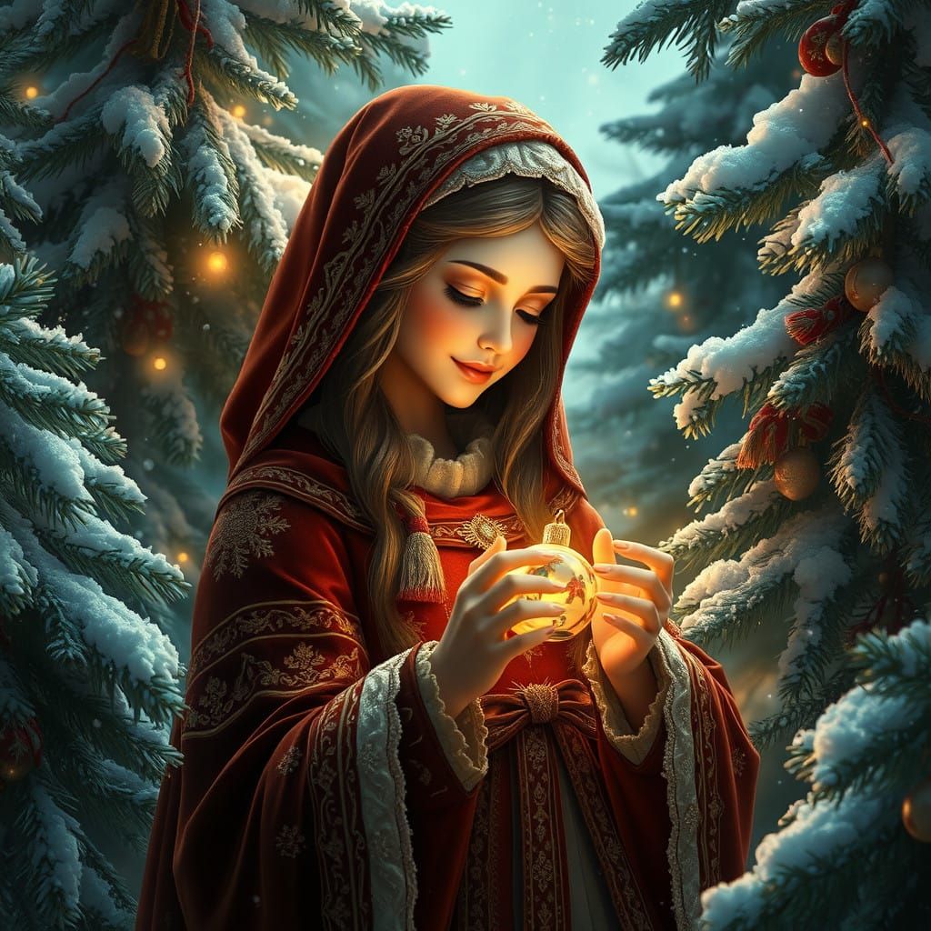 Whimsical Mother Christmas in Velvet Cloak Amidst Winter Won...