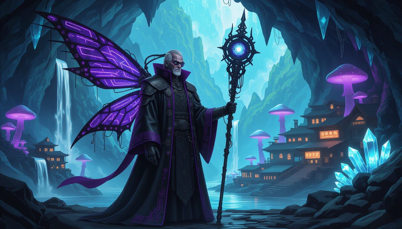 Cyberpunk Cyborg Sorcerer in Cavern Scene