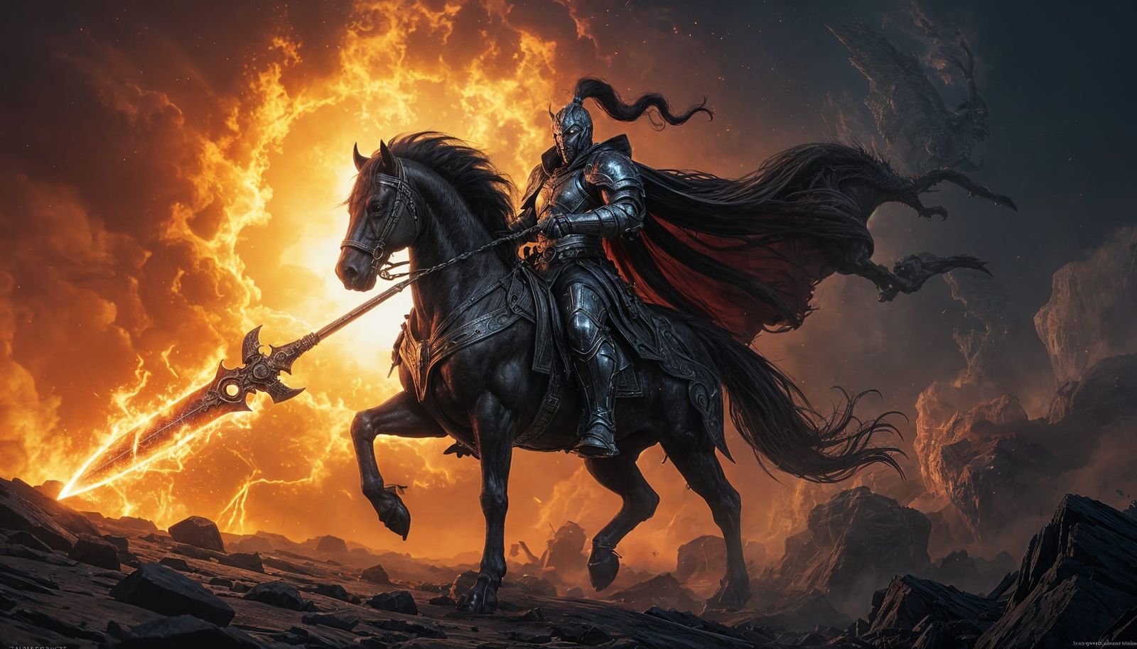 Armored War Horseman with Fiery Sword