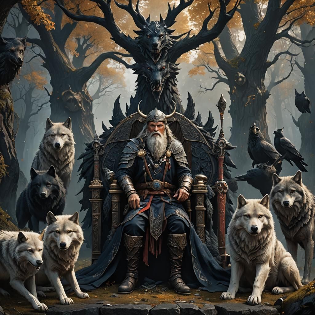 Odin in Valhalla with Wolves and Ravens