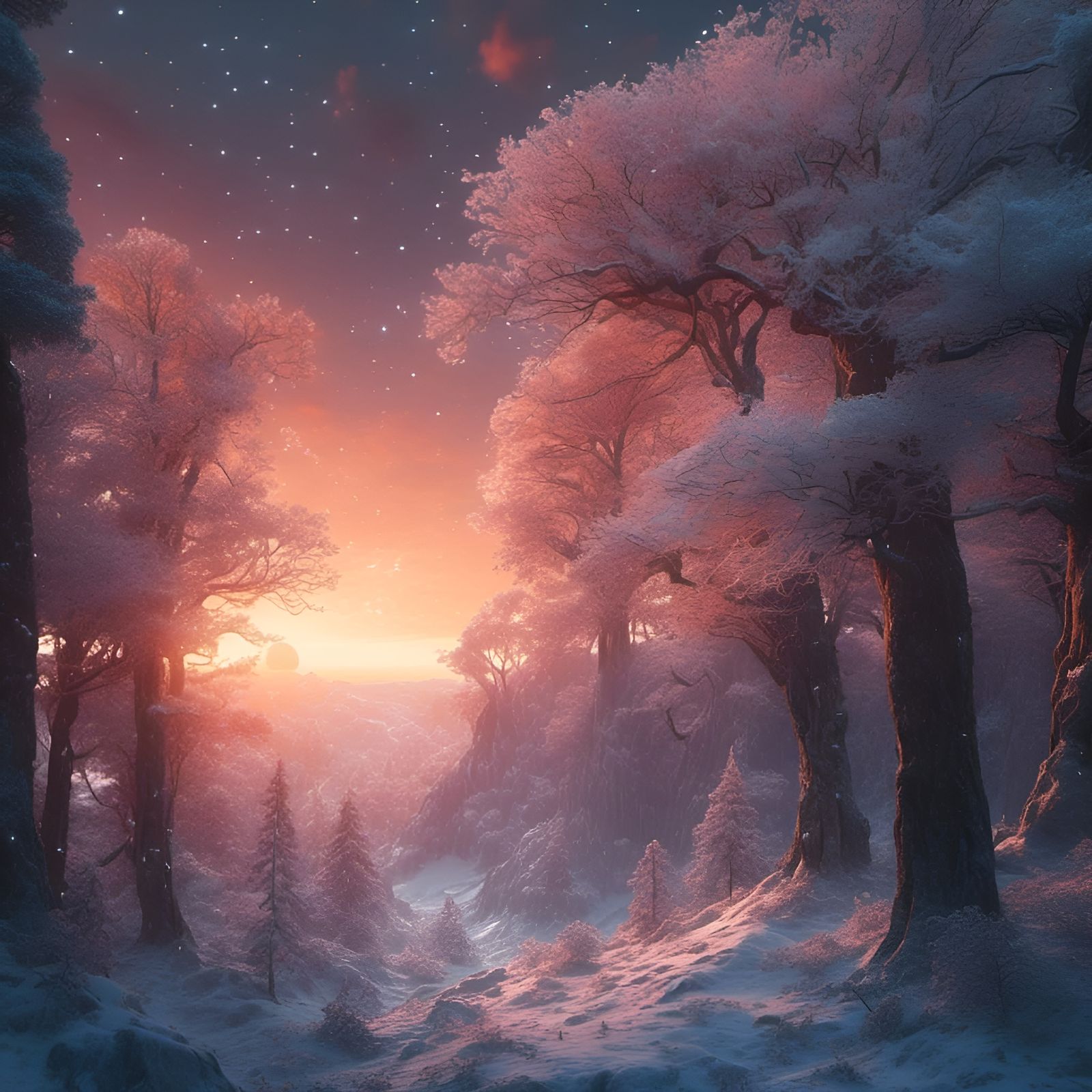 Winter Solstice Sunset in Snowy Woods