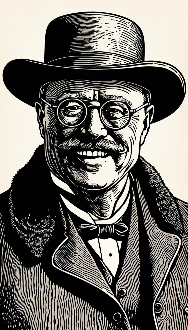 Theodore Roosevelt Rides a Bear: Woodcut Illustration