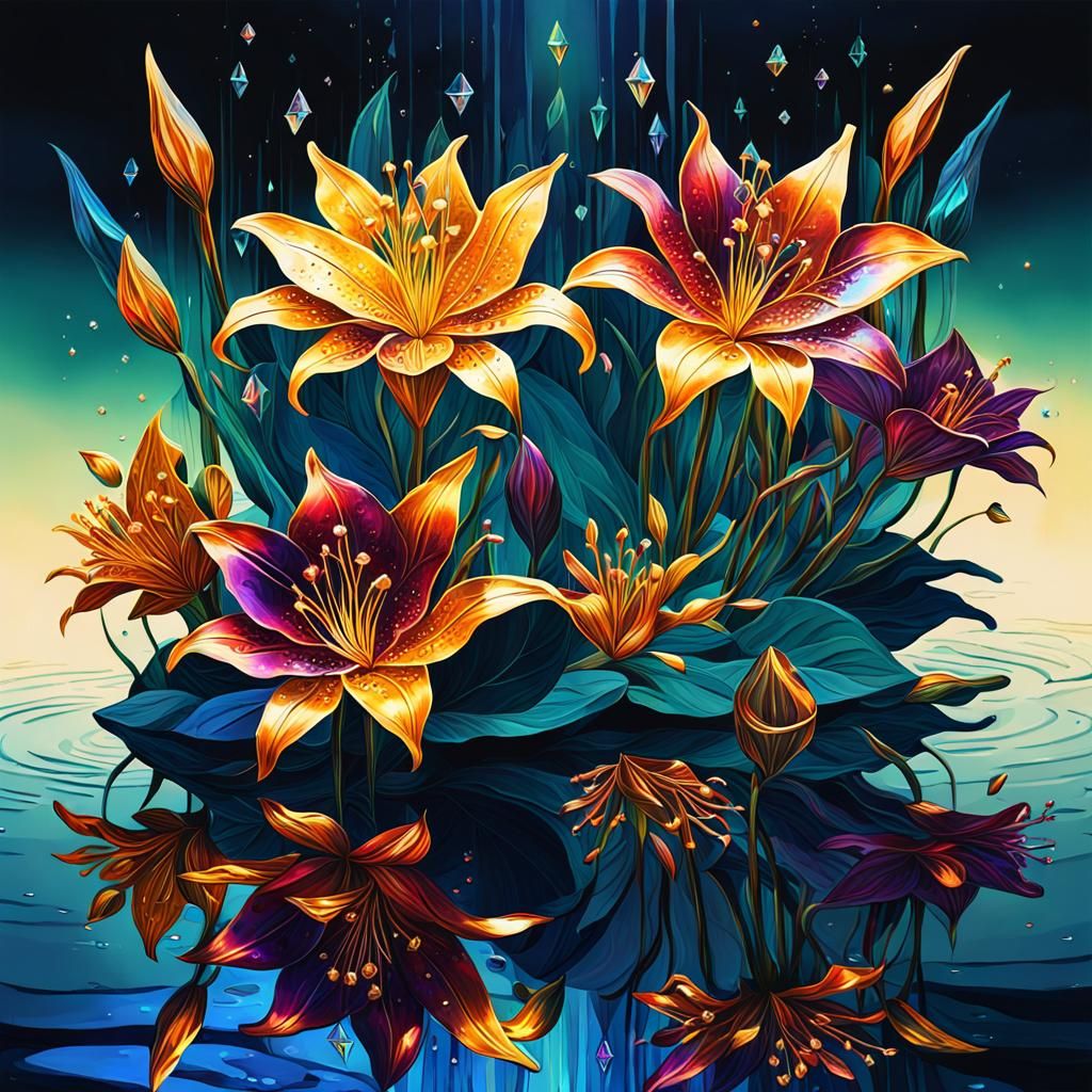 Bioluminescent Lilies with Crystal and Gold Effects