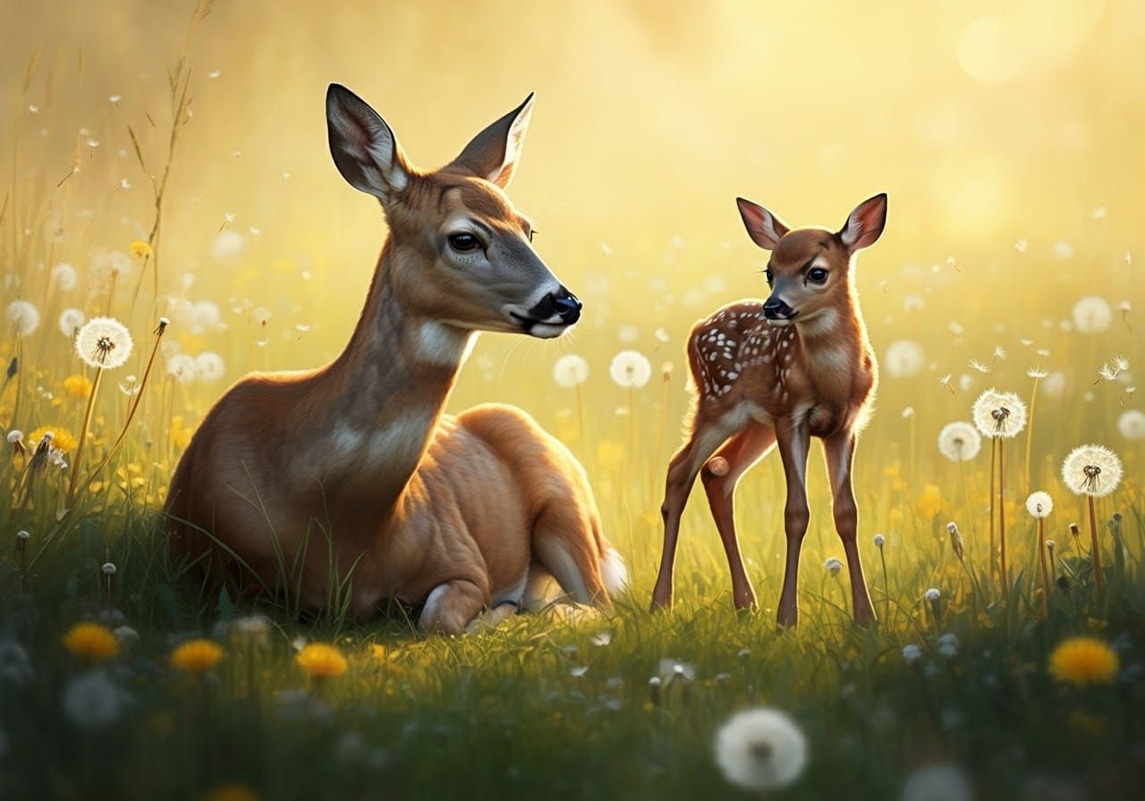 Doe and Fawn in Golden Meadow, Painterly Style
