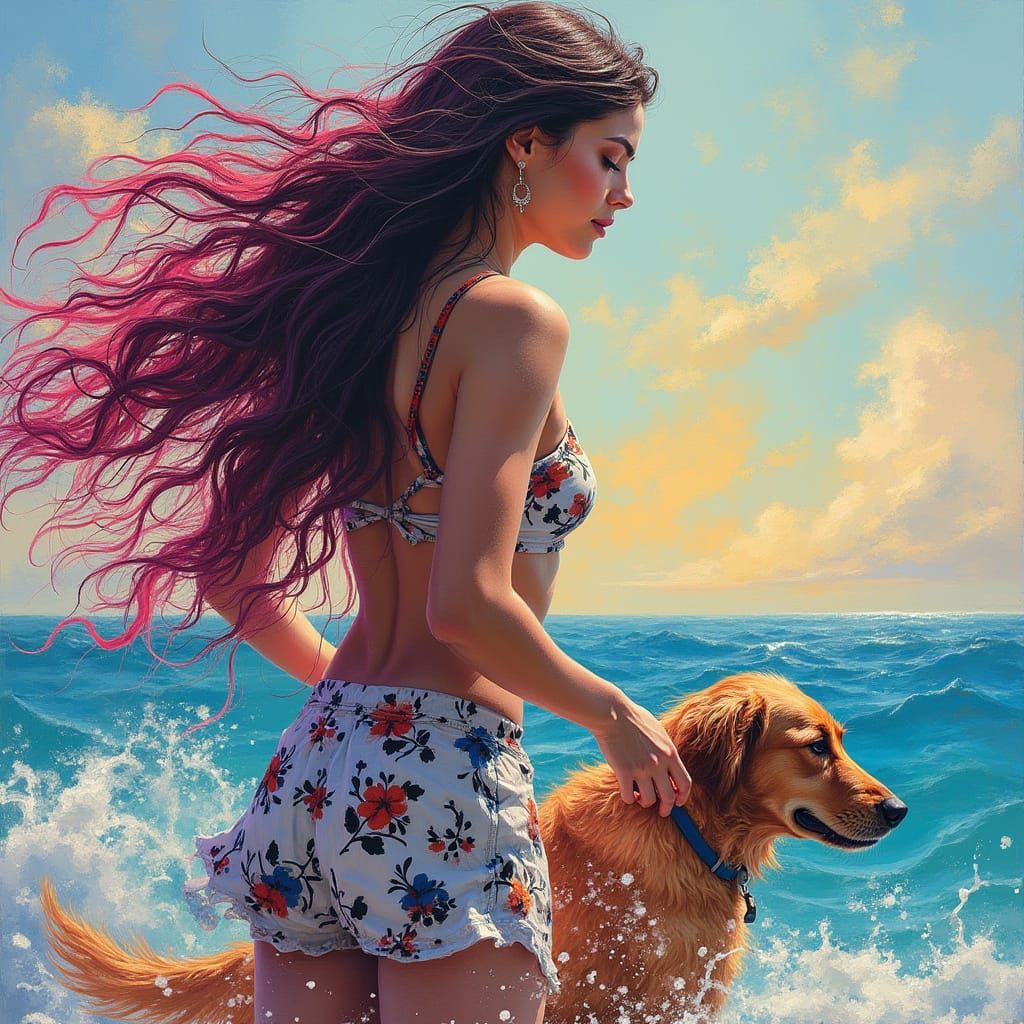 Woman with Dog at Ocean: Graffiti Art Style