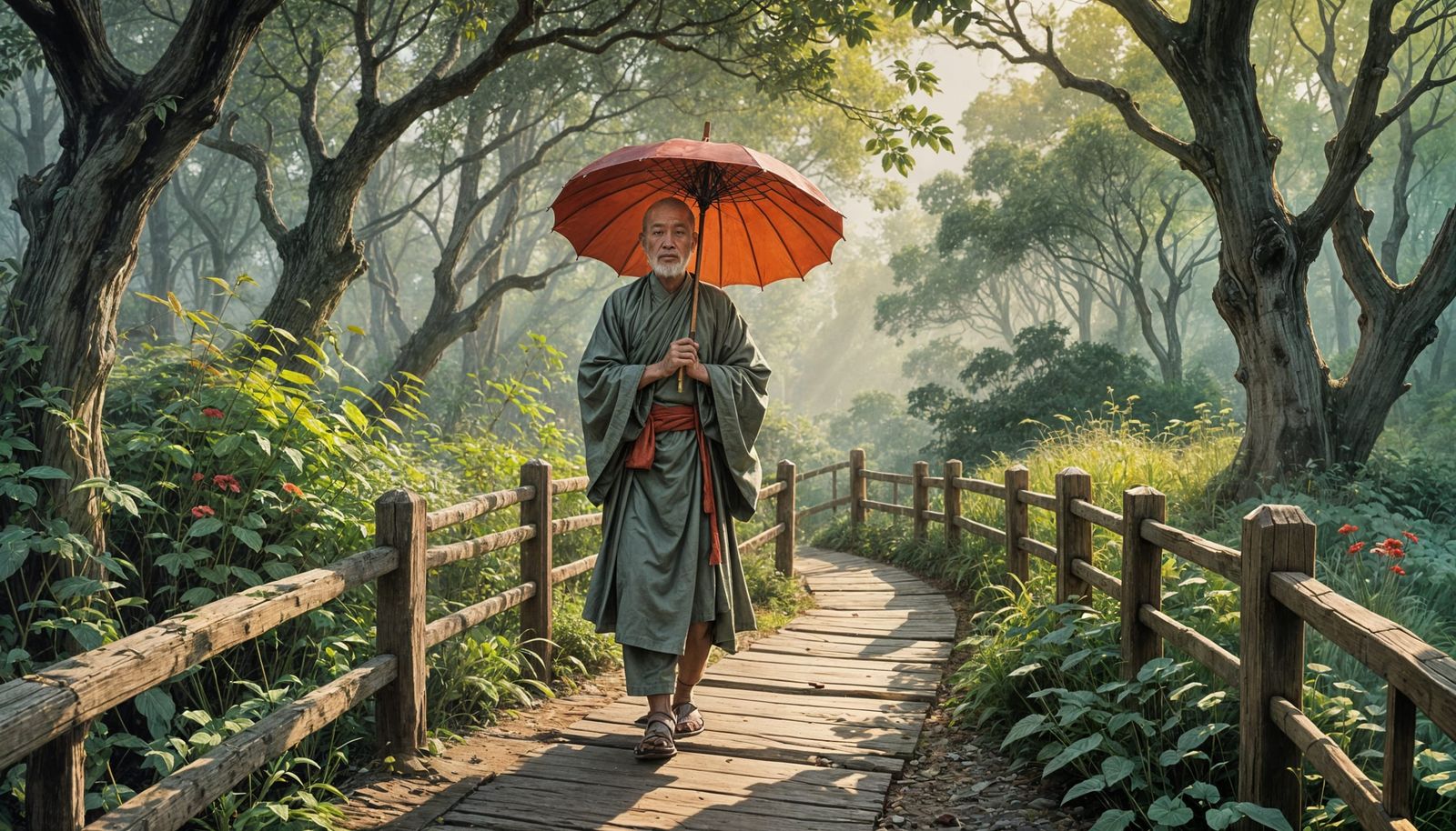 Buddhist Monk with Parasol on Wooden Bridge