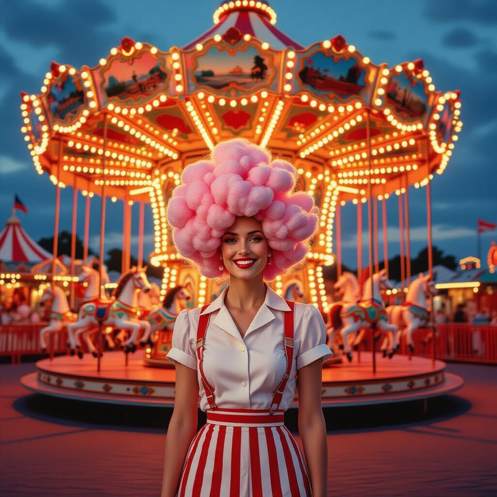Fairground Worker with Cotton Candy Hair, Vintage Circus Sty...