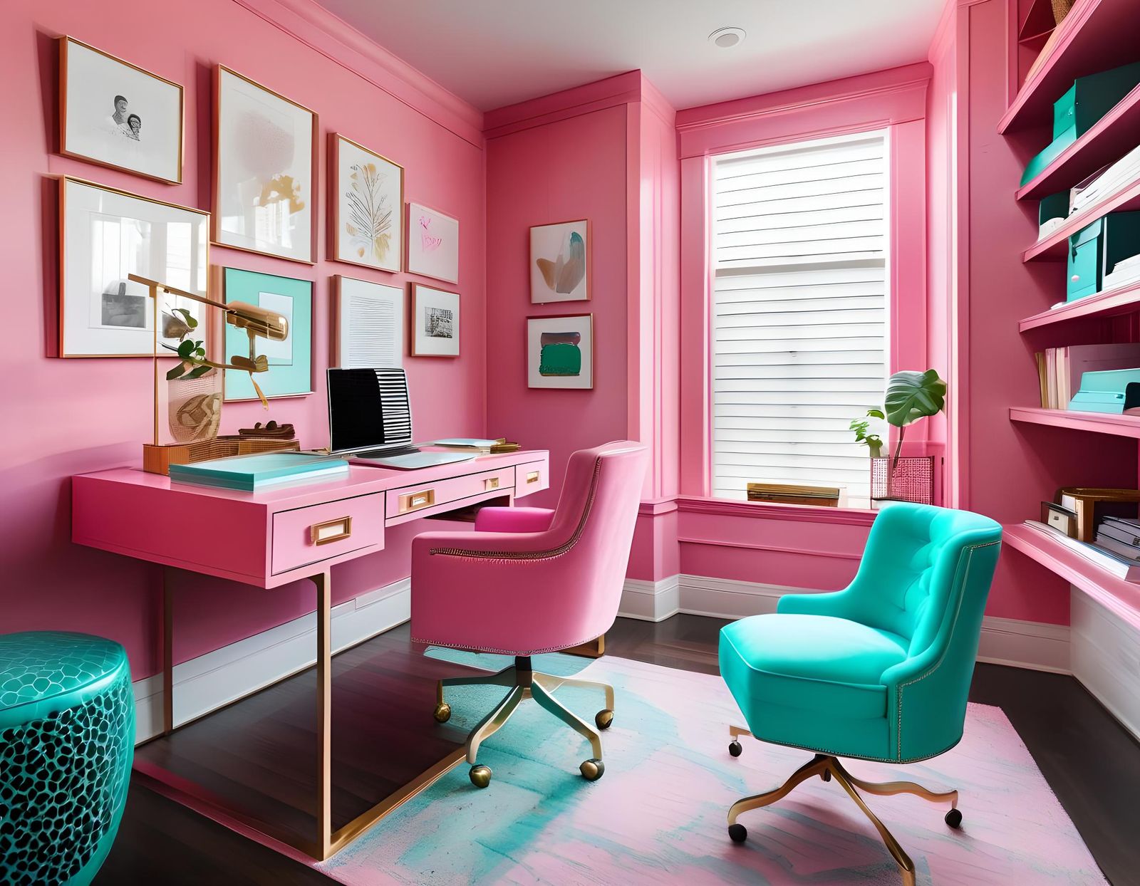 Home Office Interior with Pink Desk and Turquoise Chair