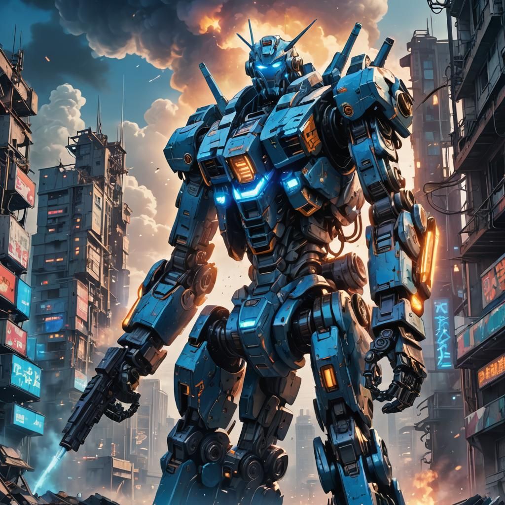 Anime Mecha Robot in Ruined Cityscape