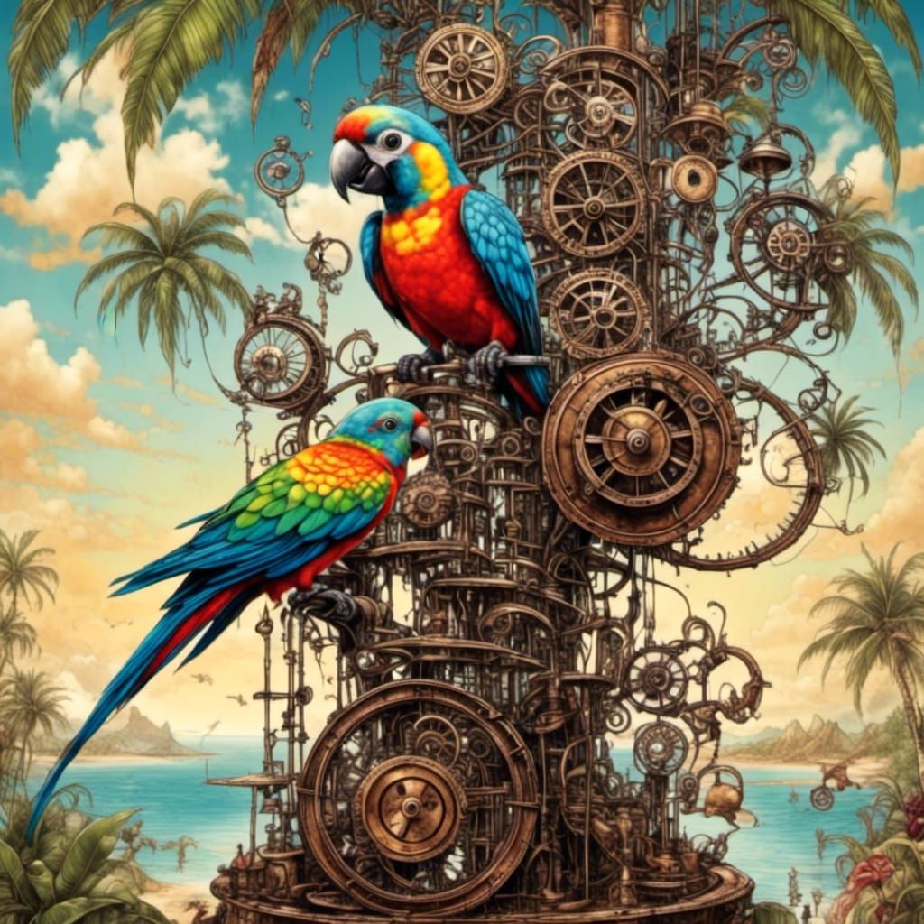 Tropical Cyberpunk Parrot on Mechanical Tree