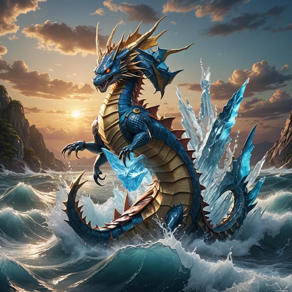 Realistic Gyarados Pokemon Using Ice Beam at Sunset