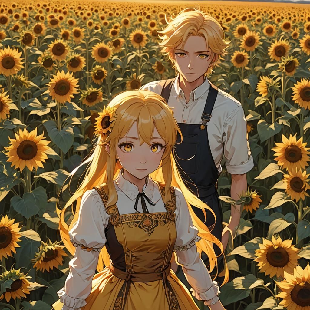 Anime Couple in Sunflower Field at Twilight