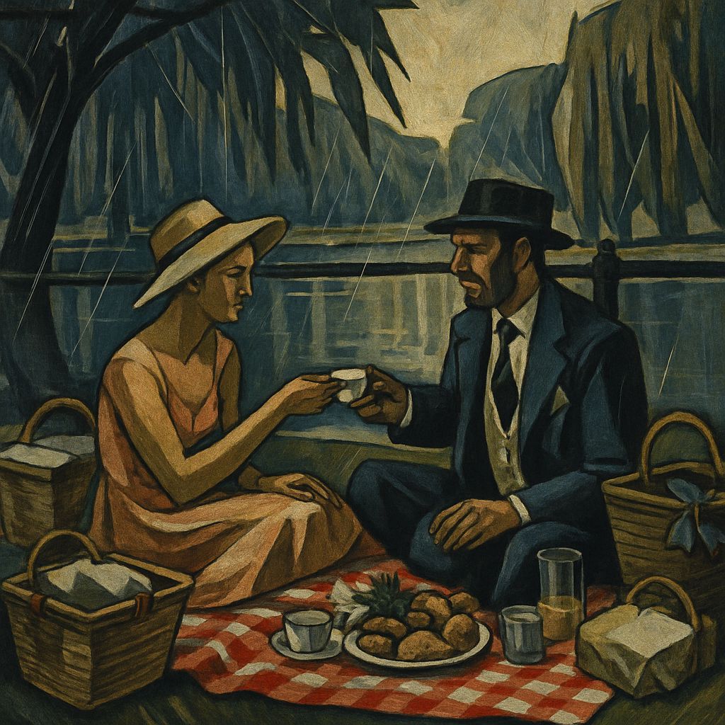 Rainy Thames Picnic in Vorticist Style