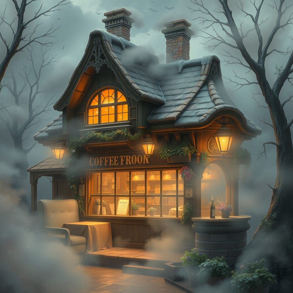 Enchanted Coffee Shop in Ethereal Mist: Fantasy Painting