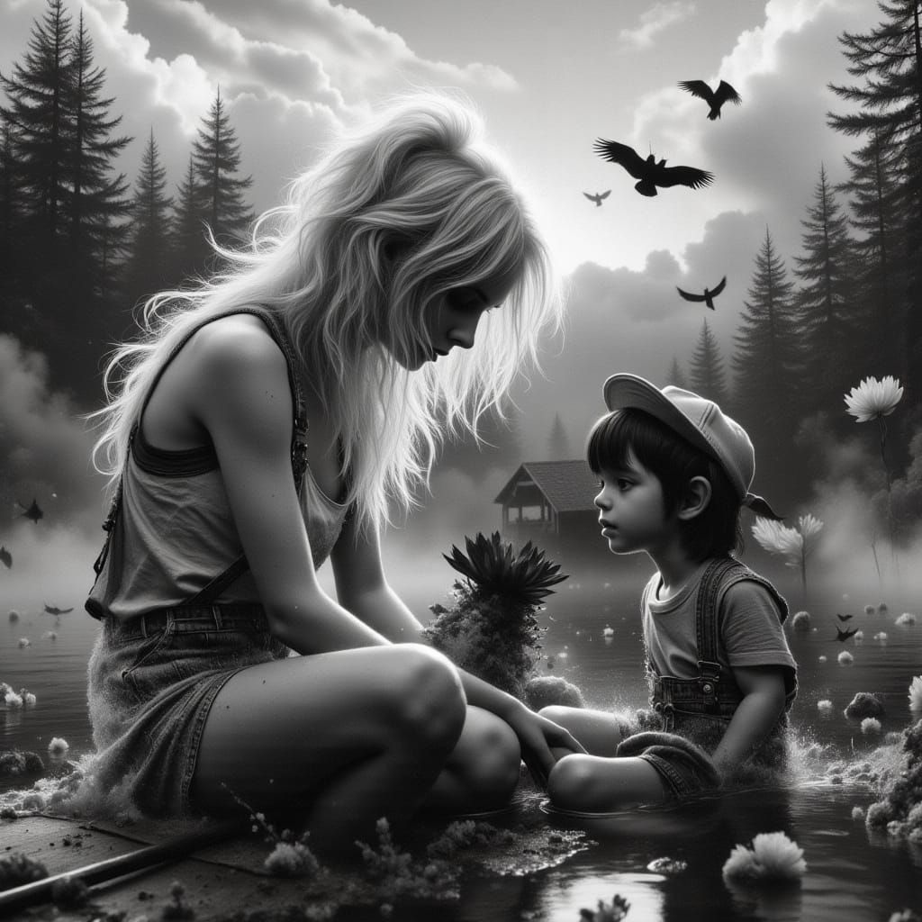 Monochrome Mother and Son Fishing at Sunset