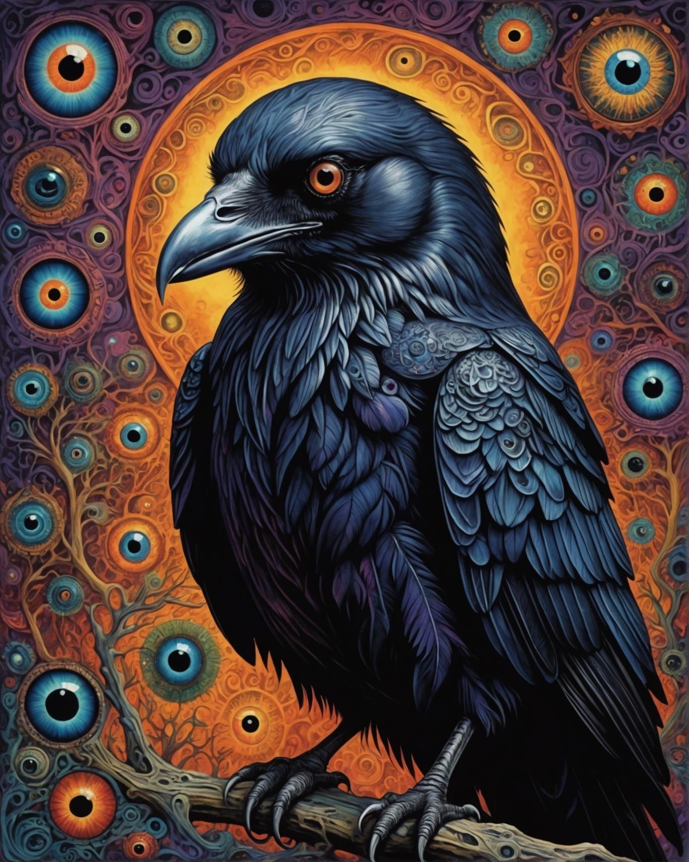 Creepy Three-Eyed Raven in Psychedelic Surrealism