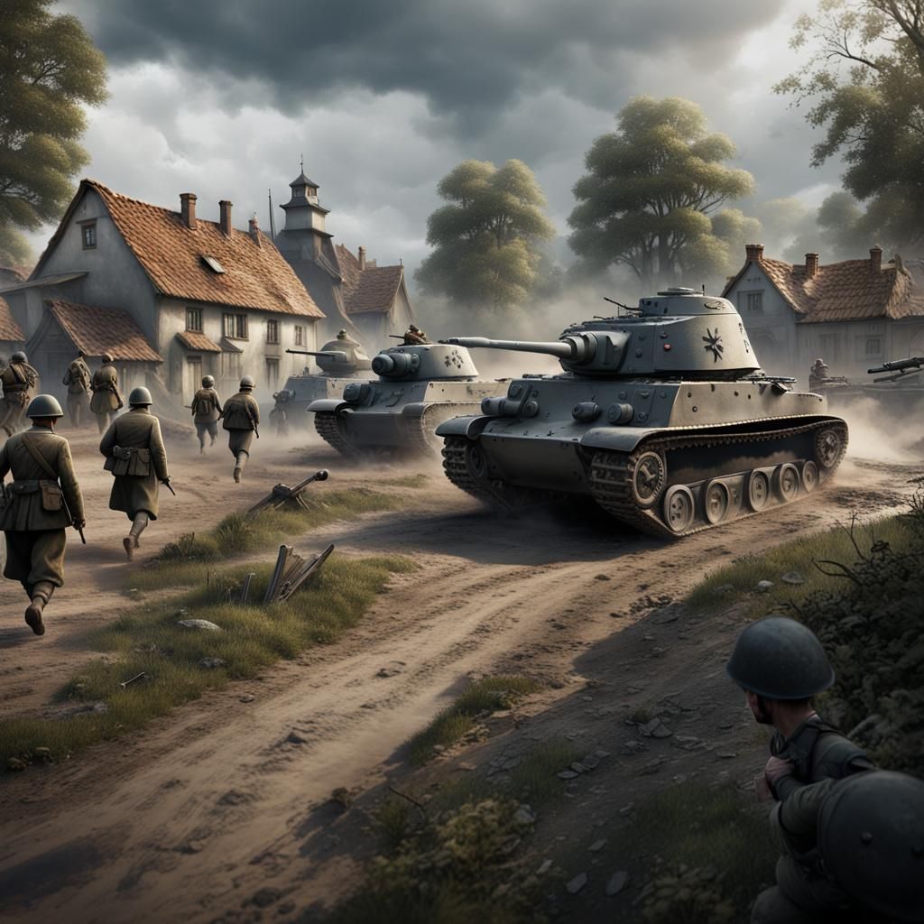 WW2 German Tanks Advance Through Polish Village