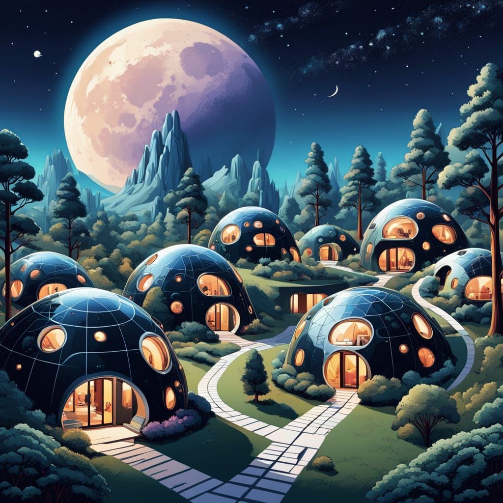 Solarpunk Lunar Community in Retro Acrylic Art Style